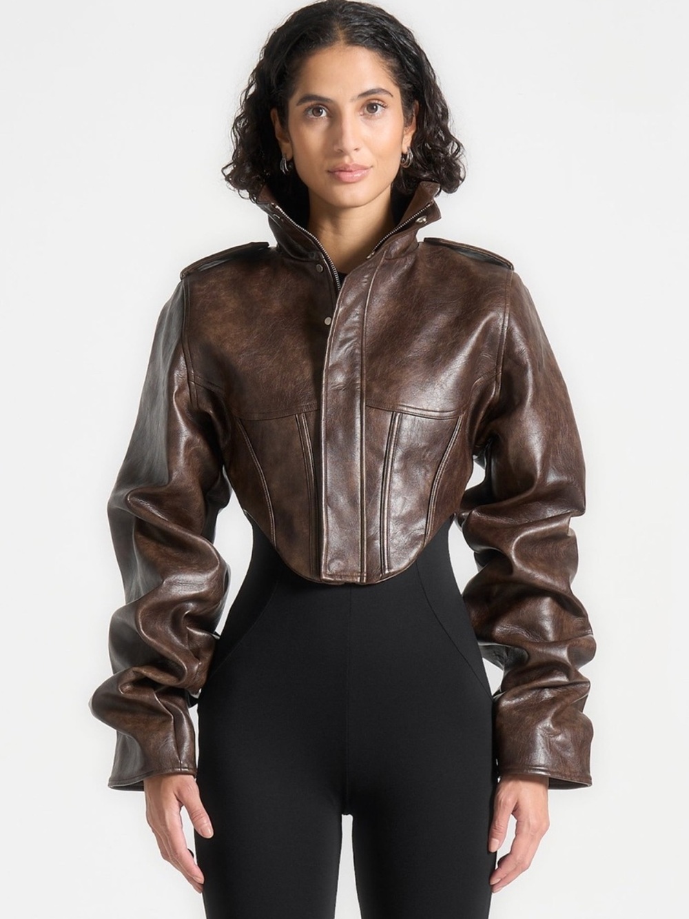 Maniere De Voir Solange Leather Tacked Sleeve Corset Jacket